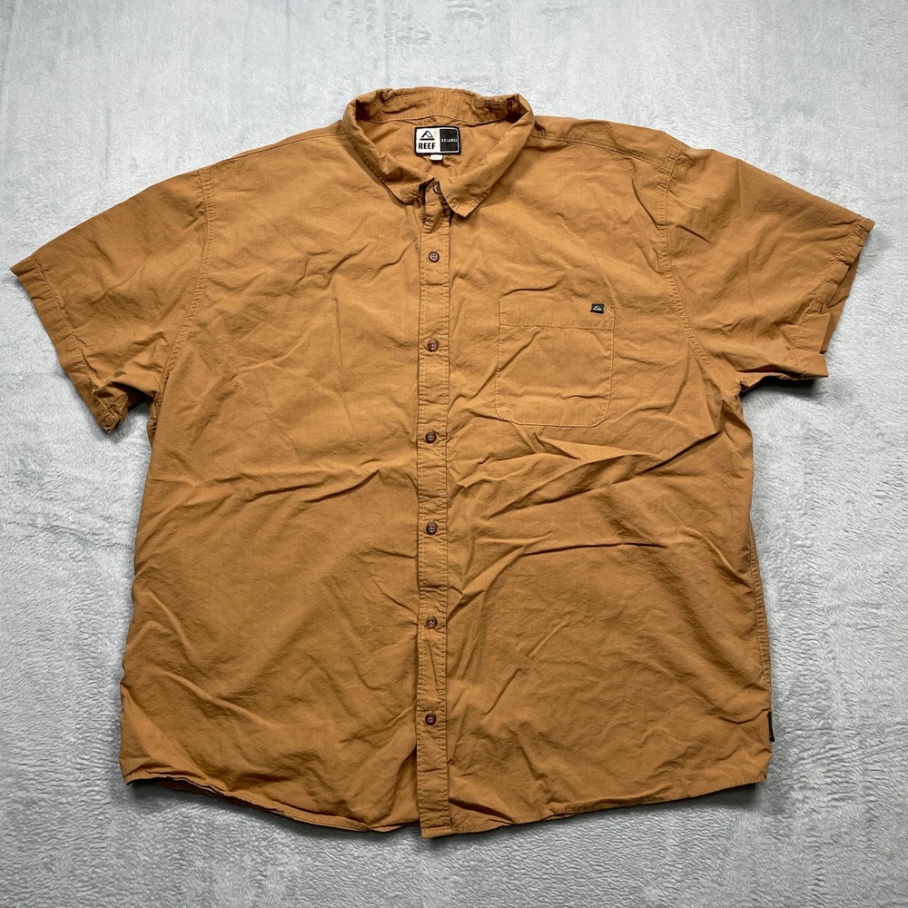 Reef Button Down Shirt Mens XXL Brown Short Sleeve Cotton Rayon Pocket Casual